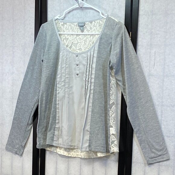 Vanity Scoop Neck Pleat Front Panel Lace Back Long Sleeve Knit Top Grey Ivory M - Picture 4 of 12